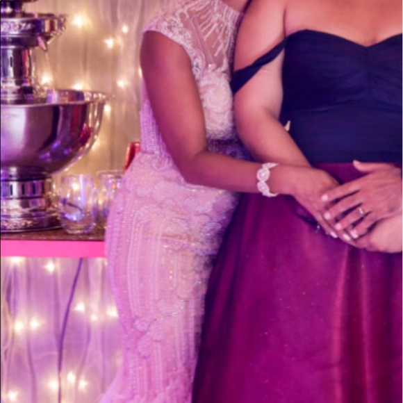 High neck short sleeve blue beaded feather gown Terani style number 1721GL4446 - Picture 10 of 13